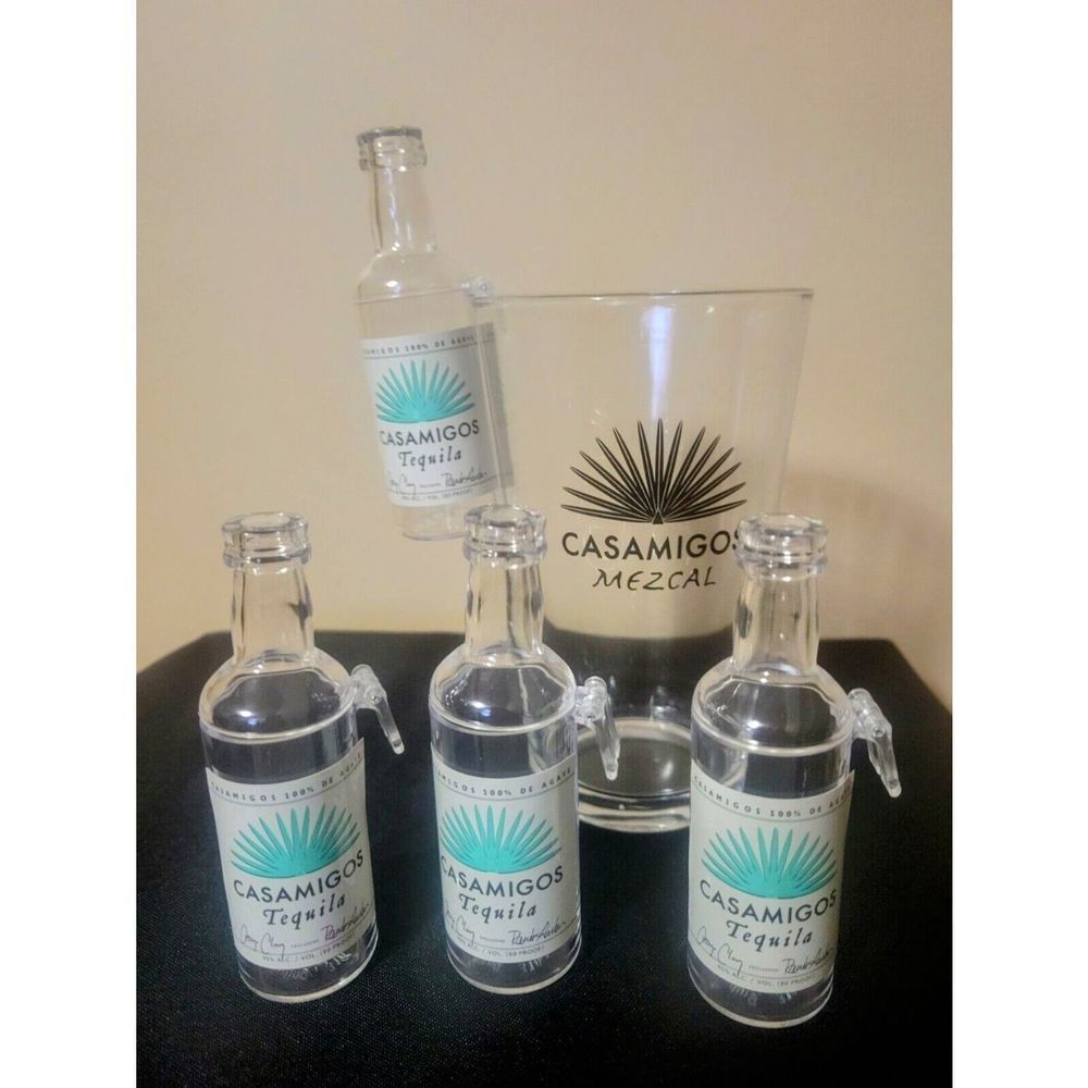 Set of 4 Casamigos Tequila Plastic Mini Bottle Sidecar Shot Bottles New Barware